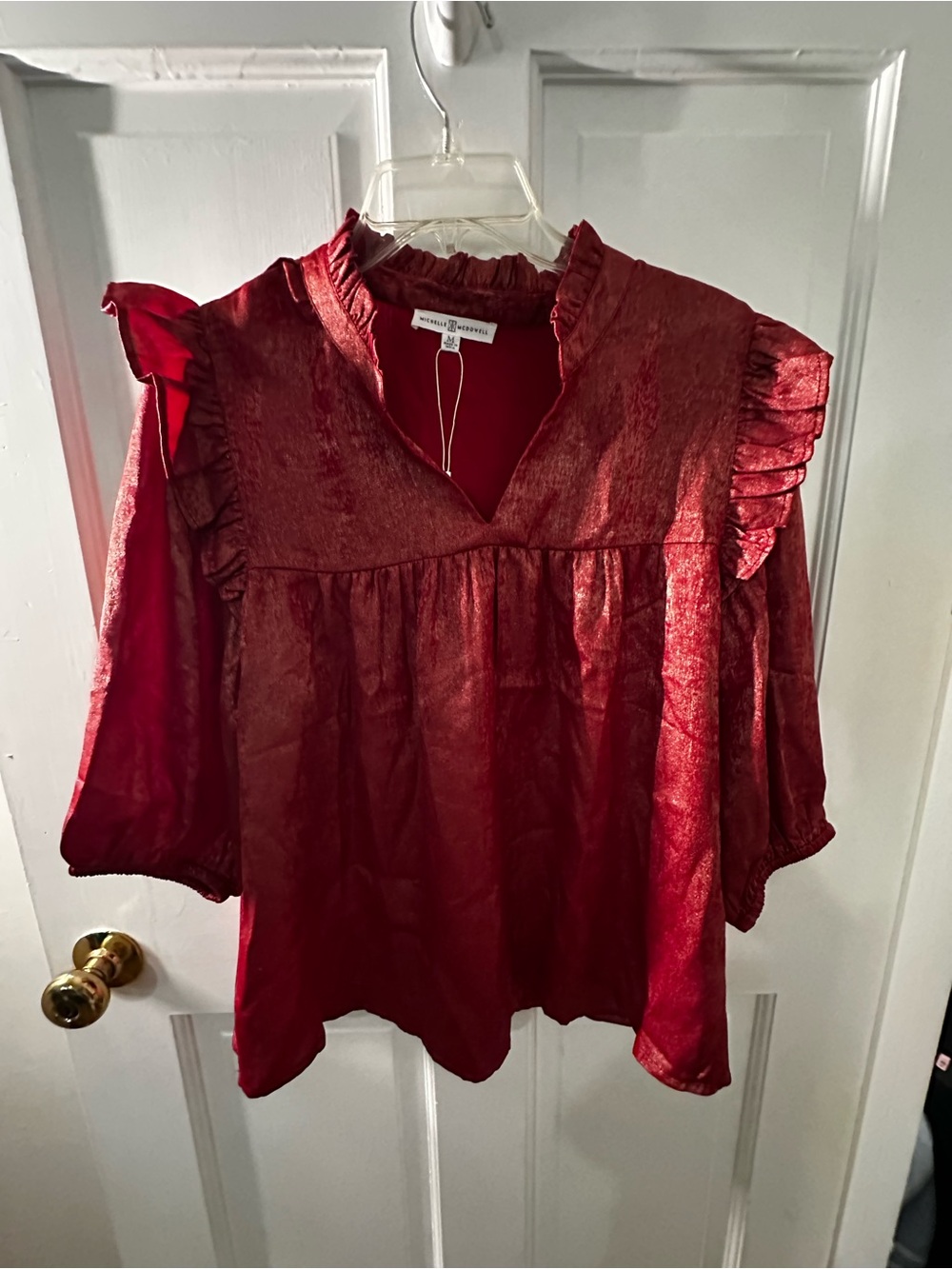 Michelle McDowell Red Ruffle V-Neck Women's Top